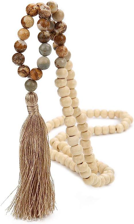 BALIBALI 8MM Semi-Precious Gem Stones Wood Mala Bead Necklace Multicolor Tassel Charms Chain Necklac | Amazon (US)