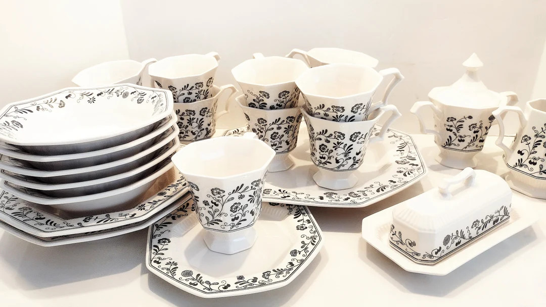 Millbrook by Independence, white octagonal ironstone with black floral design and embossed ridge ... | Etsy (US)