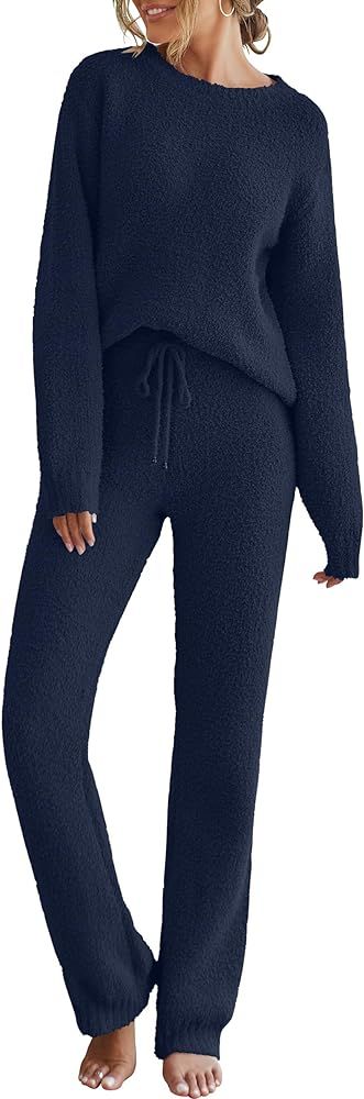 MEROKEETY Womens Fuzzy Fleece Long Sleeve 2 Piece Loungewear Outfits Sweater Pants Pajama Sets | Amazon (US)