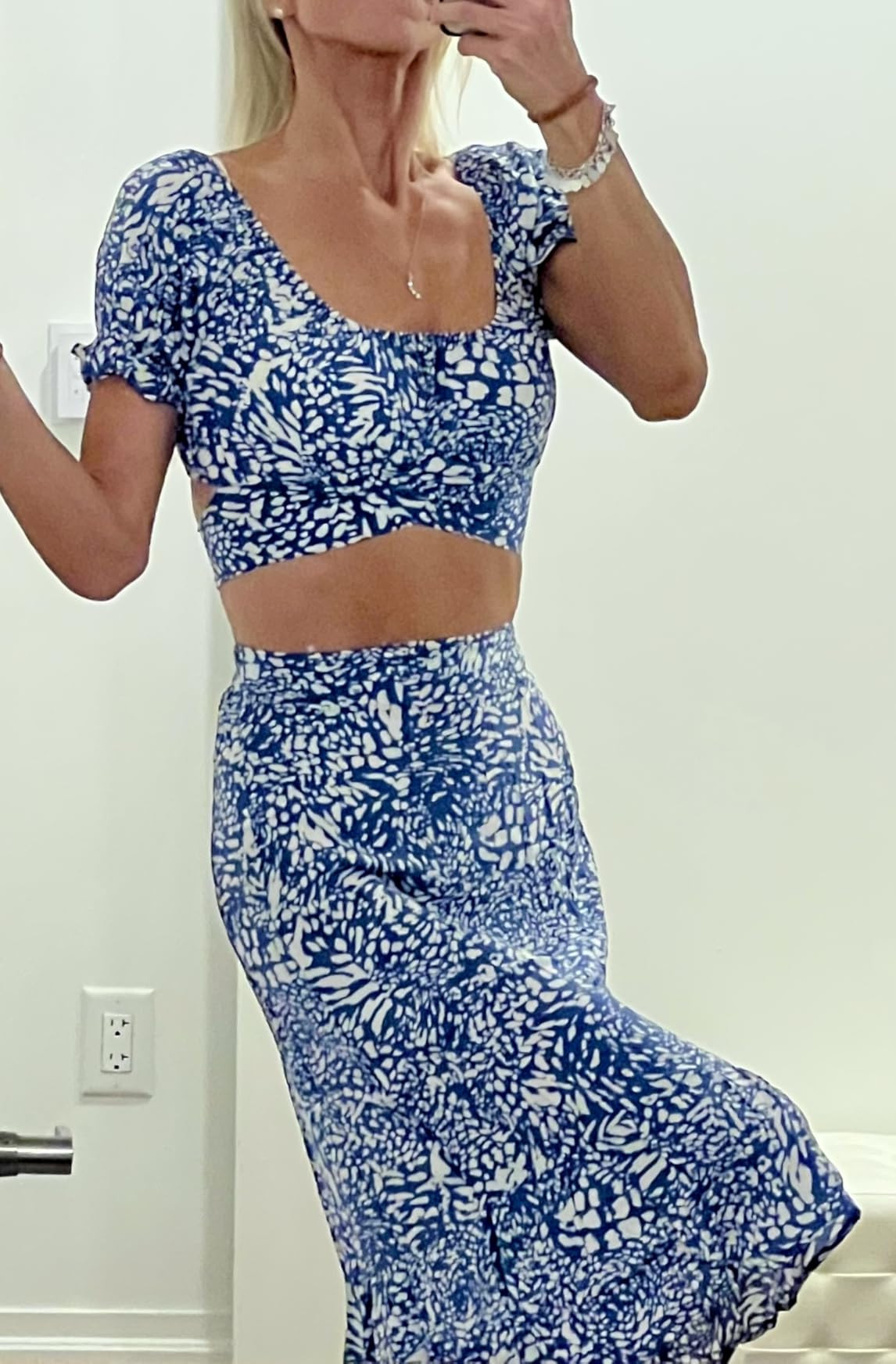 LYANER Women's 2 Piece Outfits Floral Self Tie Knot Crop Top and Midi Skirt Set | Amazon (US)