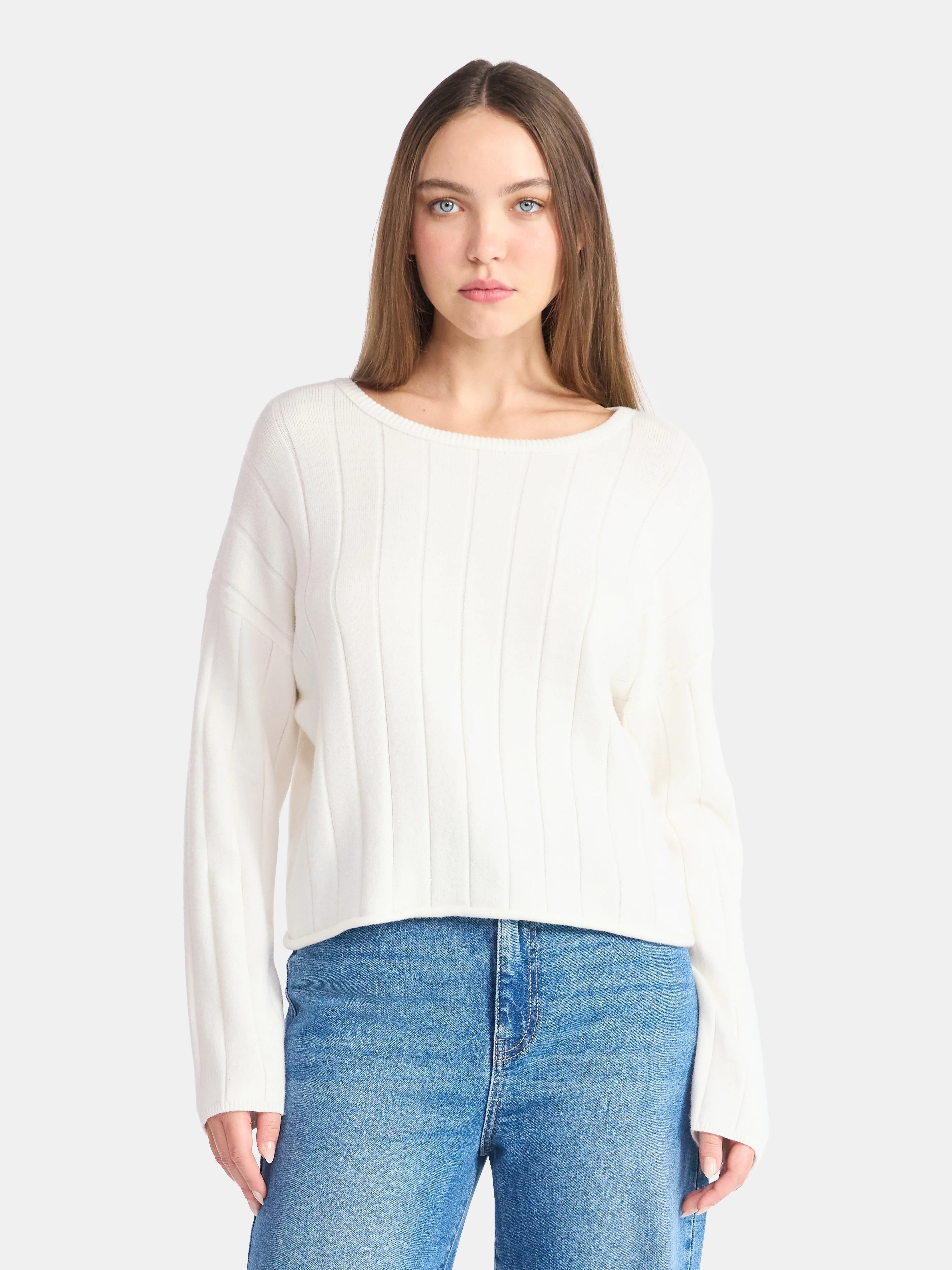 No Boundaries Wide Ribbed Scoop Neck Sweater, Midweight, Women's | Walmart (US)