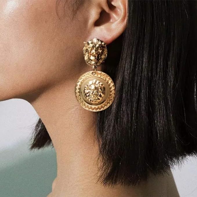 RELOVET Lion Head Earrings Vintage Statement Golden Coin Women Fashion | Amazon (US)