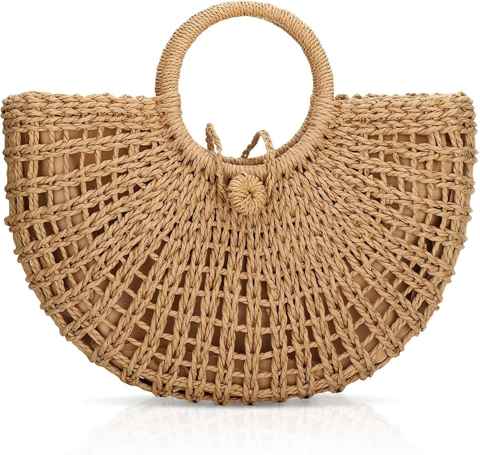 FENBEN Straw Hobo Bags for Women Round Beach Purse Large Woven Bag Vacation Handbag Khaki | Amazon (US)