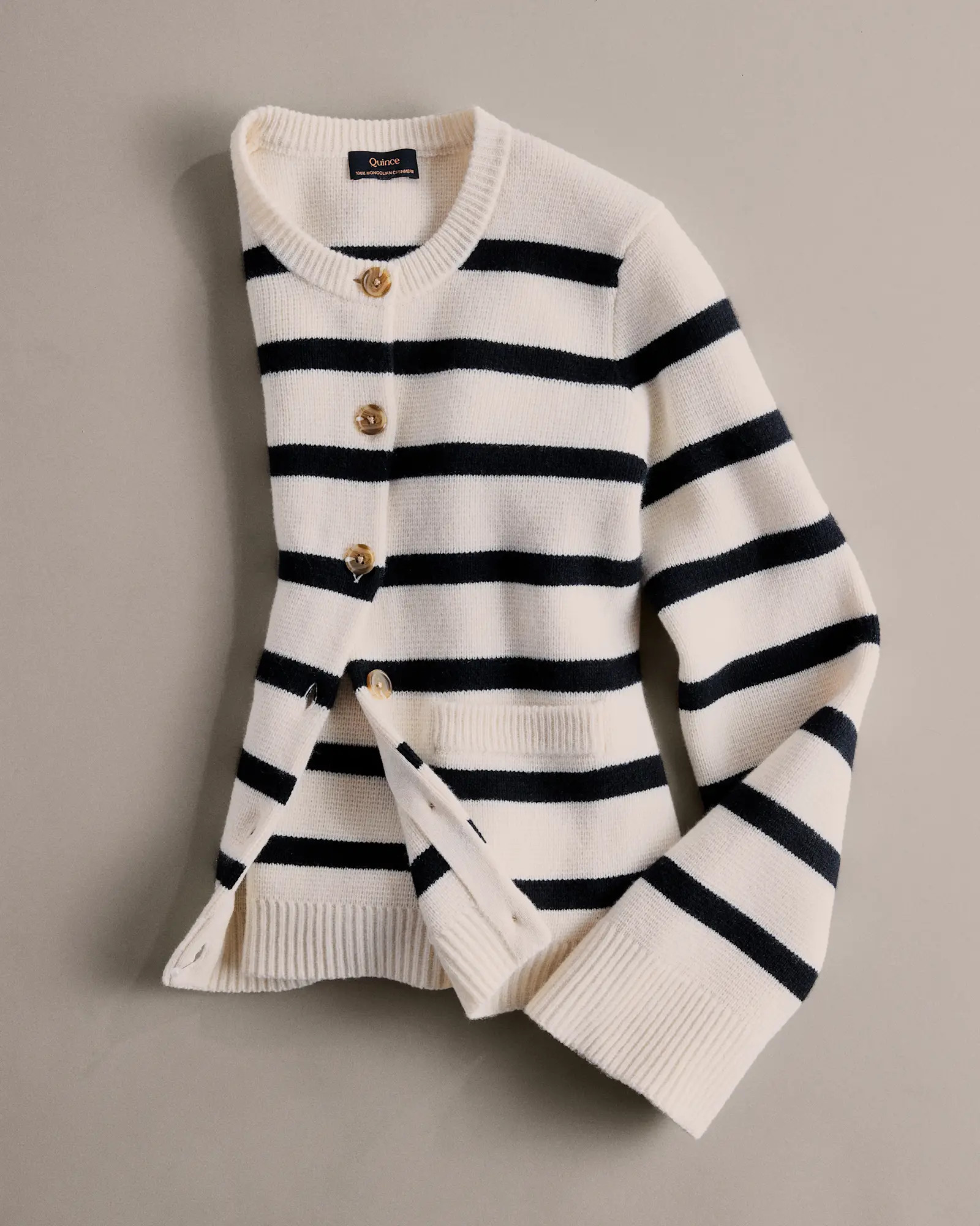 Mongolian Cashmere Structured Cardigan in Ivory/Black Stripe | Quince