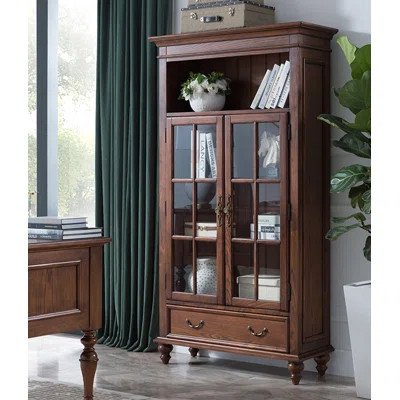 Solid Ash Wood Glass Door Bookcase with Drawer | Wayfair North America