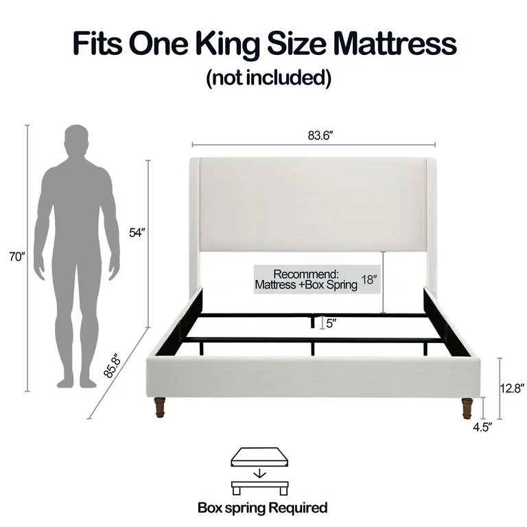 Miniyam King Size Upholstered Wingback Bed with 54" Headboard for Adult, Ivory | Walmart (US)
