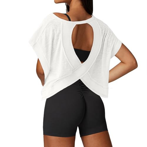 UNIANKIYA Open Back Workout Tops for Women Loose Fit Athletic Crop Tee Short Sleeve Gym Running Yoga Shirt White | Amazon (US)
