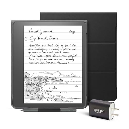 Kindle Scribe Essentials Bundle including Kindle Scribe (16 GB), Basic Pen, Leather Folio Cover with Magnetic Attach - Black, and Power Adapter | Amazon (US)