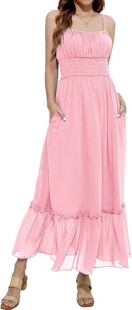 GRACE KARIN Women's Flowy Smocked Dress Spaghetti Strap Sleeveless Summer Beach A Line Ruffle Maxi D | Amazon (US)