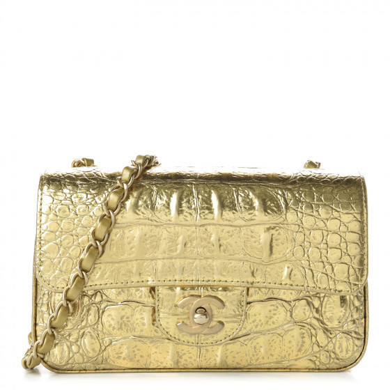 CHANEL Metallic Calfskin Crocodile Embossed Cocodile Rectangular Mini Flap Gold | Fashionphile