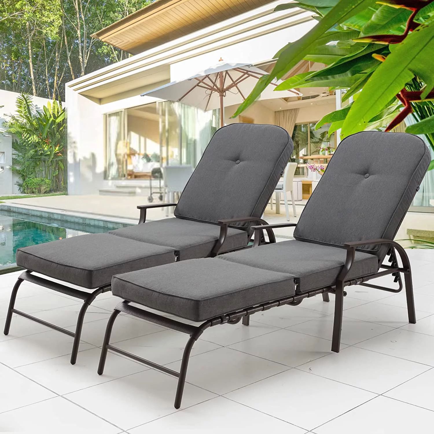 AECOJOY Cushioned Patio Lounge Chair Set of 2, Poolside Adjustable Chaise Lounge Recliner - Grey | Walmart (US)