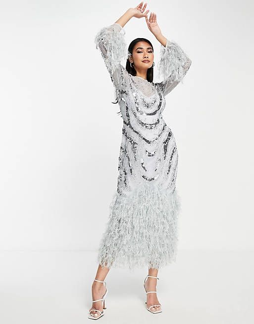 ASOS EDITION sequin wave midi dress with feather hem in ice blue | ASOS (Global)