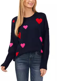 CeCe Women's Long Sleeve Multi Heart Crew Neck Sweater | Belk