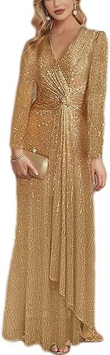 meilun Long Sleeve Sequin Dress for Women Formal Gowns Sparkly V Neck Maxi Dress | Amazon (US)