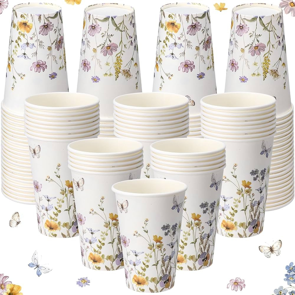 Tioncy 50 Pcs Wildflower Butterfly 12 oz Disposable Paper Coffee Cups Flower Drinking Cups for Co... | Amazon (US)