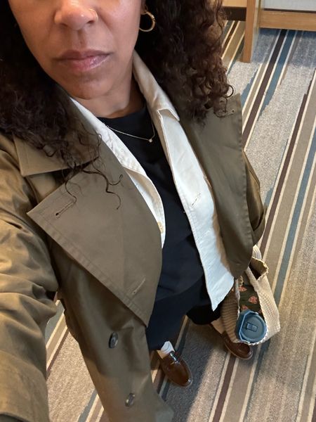 I packed horribly and threw this look together i am comfortable.😝
Trench @everlane I sized down and it is still oversized 
Jacket @buckmqson I went with my smaller size 
Tshirt @sezane 
Pants sized up and wearing petite could have gone regular and regular size 
Shoes @fredasalvador tts use code 15HGC for 15% off of your first purchase 
Earrings @nataliebortondesign use code HGC10 for 10% off 
Bag @naghedi 

#LTKstyletip #LTKitbag #LTKshoecrush