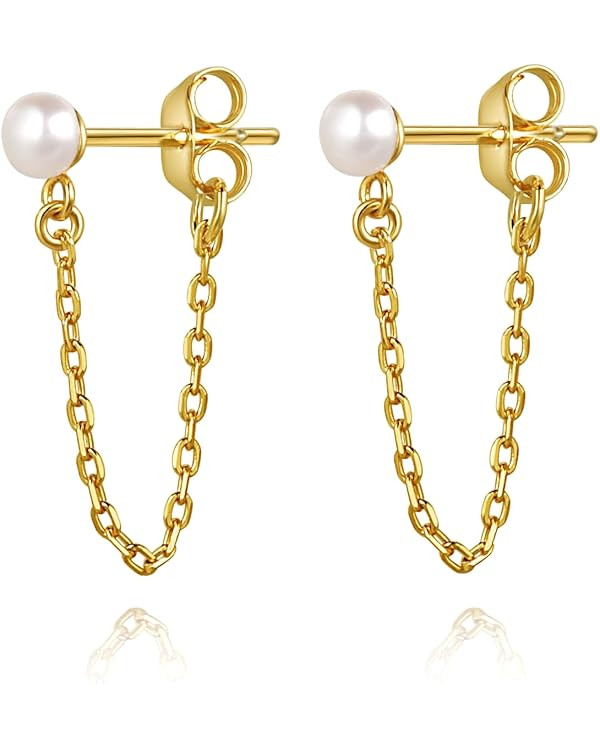 S.Leaf Pearl Earrings for Women 18K Gold Plated 925 Sterling Silver Hypoallergenic Chain Stud Ear... | Amazon (US)