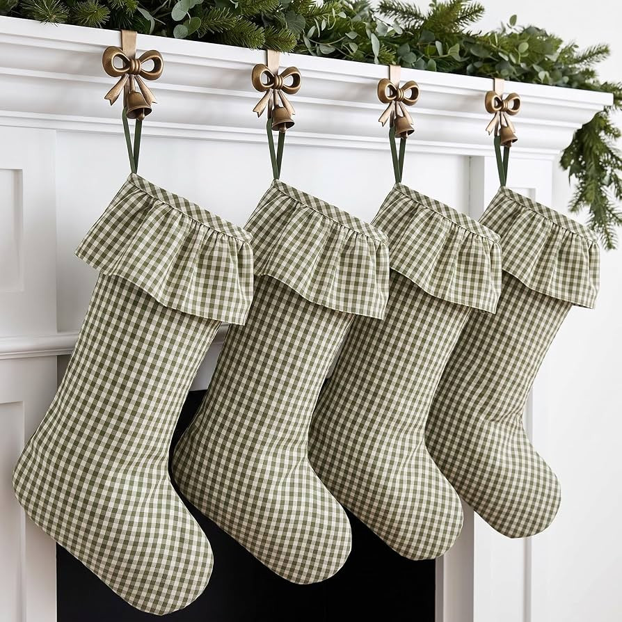 4 Pcs Green Gingham Christmas Stockings 18 " Large Ruffled Xmas Stocking | Amazon (US)