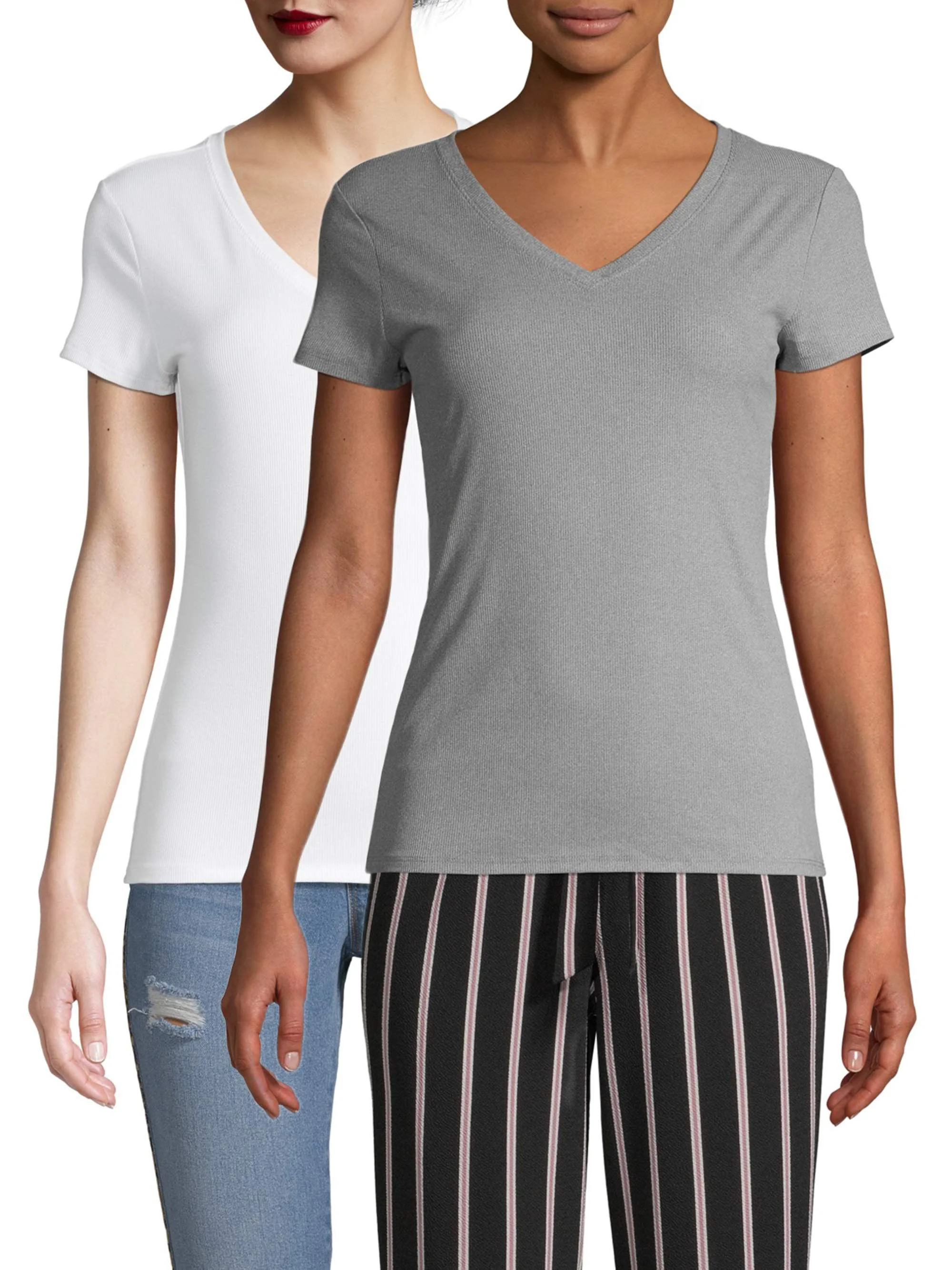 No Boundaries Juniors' Short Sleeve Brushed Rib V-Neck T-Shirt, 2 Pack | Walmart (US)