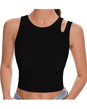 Womens Sleeveless Ribbed Tank Top Asymmetrical Shoulder Scoop Neck Casual Basic Fitted Crop Top | Amazon (US)