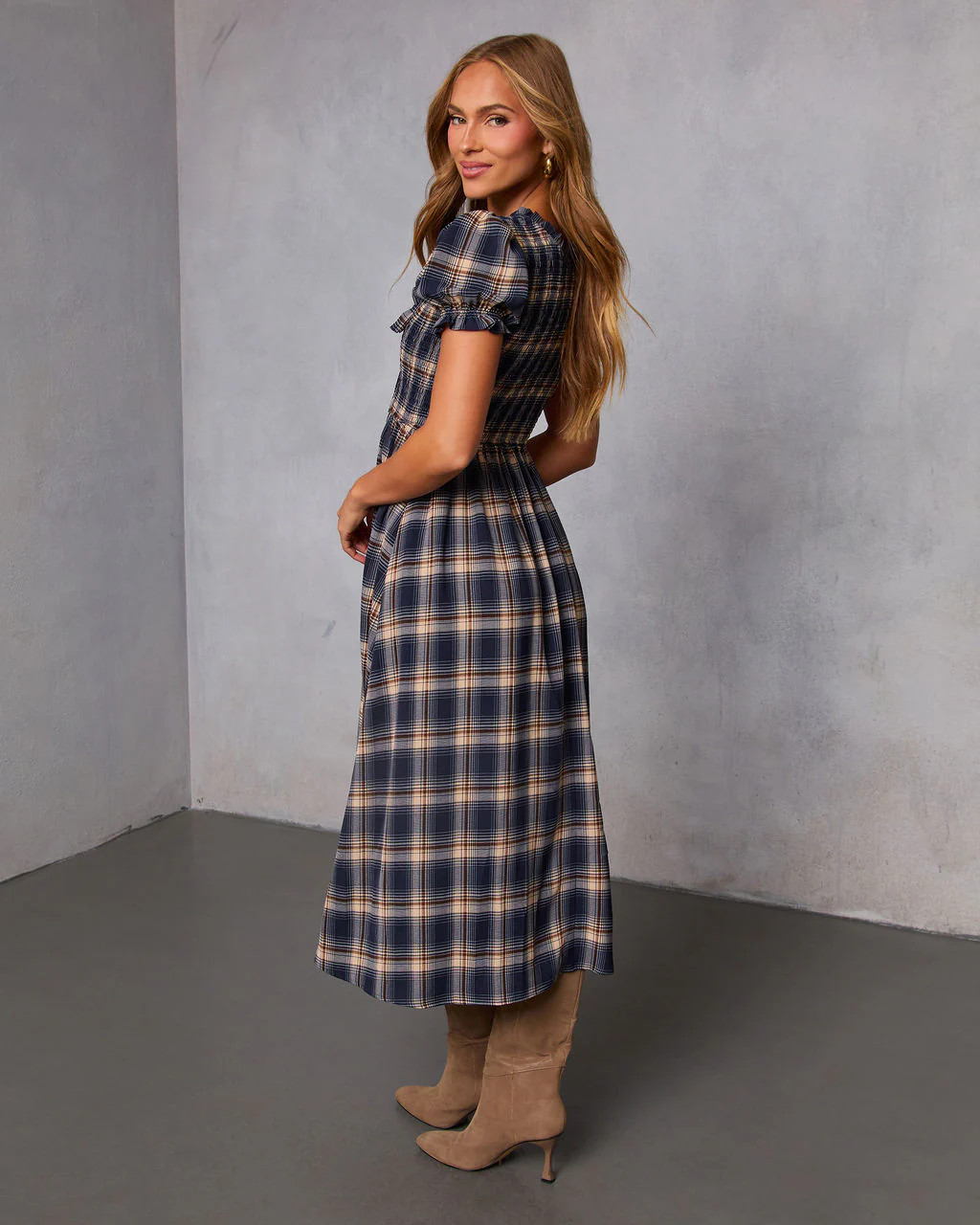Charlisa Plaid Puff Sleeve Midi Dress | VICI