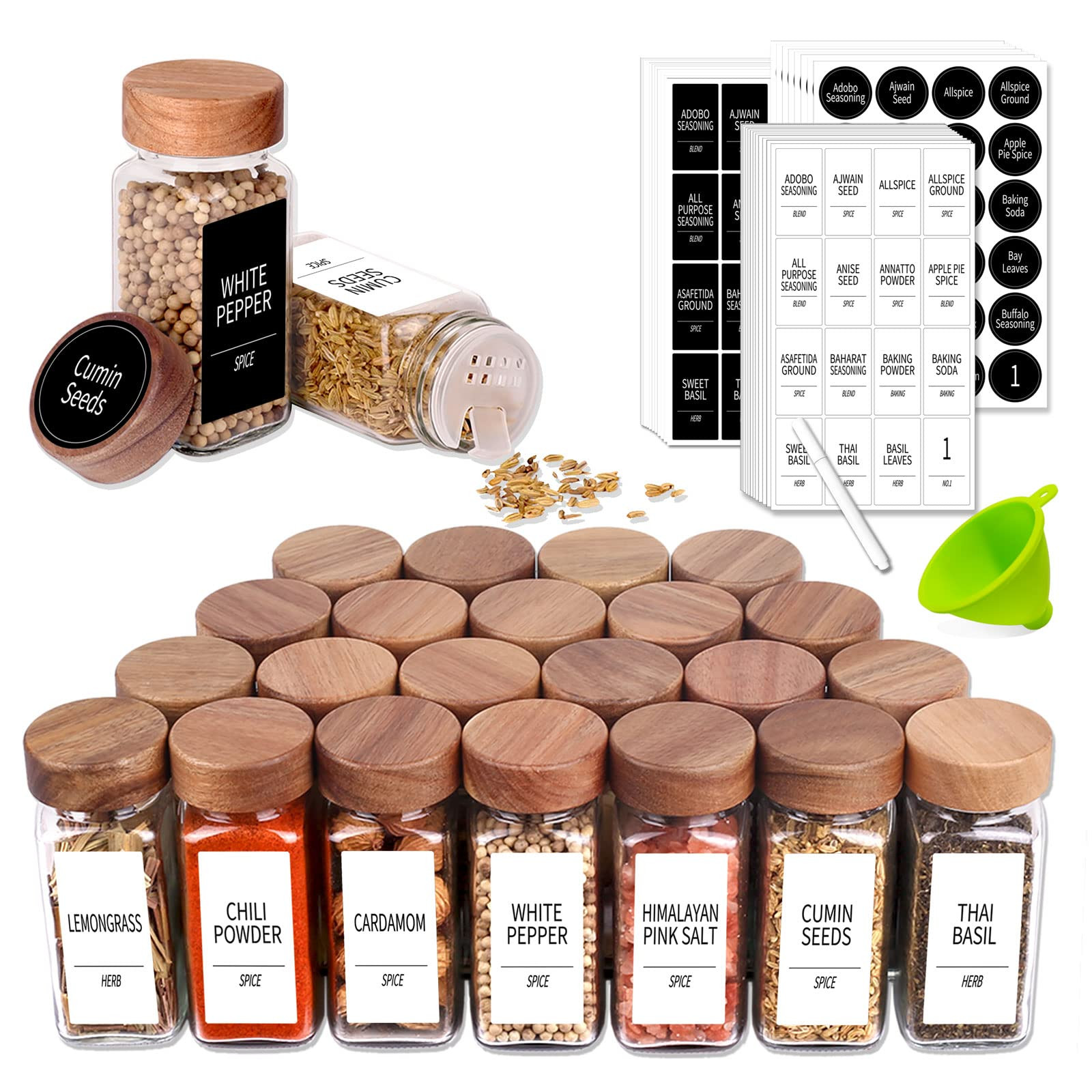 Churboro 24 Spice Jars with 547 Labels - Glass Spice Jars with Shaker Lids - 4 Oz Square Spice Co... | Amazon (US)