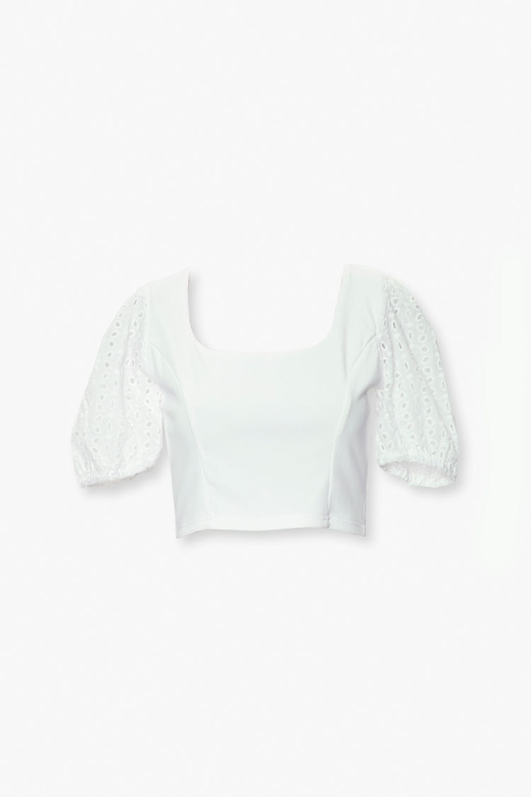 Eyelet Puff-Sleeve Crop Top in White Medium | Forever 21 (US)