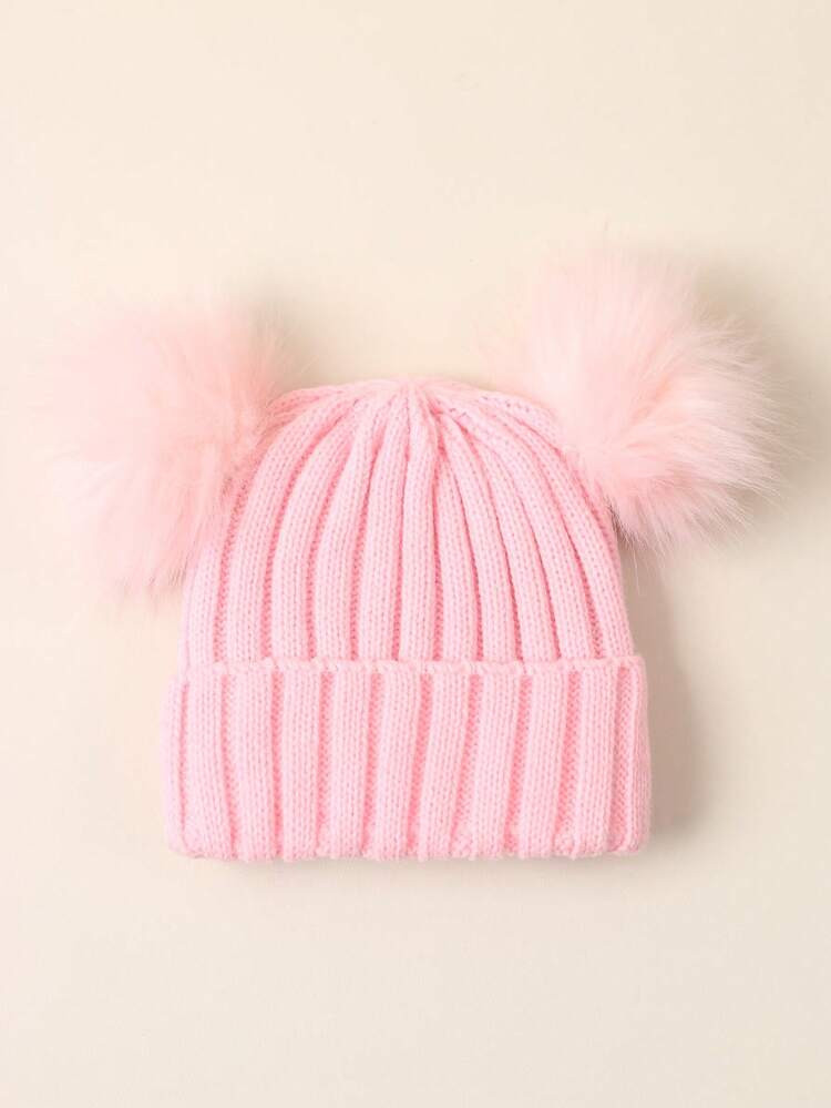 1 Piece Baby Boy Girl Newborn Toddler Beanies Hats Double Fur Ball Black Knit Winter Warm Cute Babies Beanie Fitted Cap | SHEIN