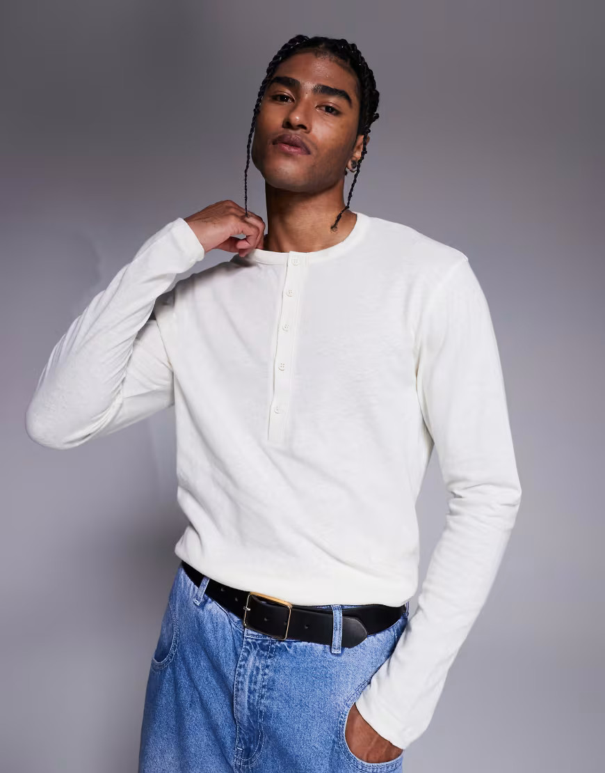 ASOS DESIGN henley long sleeve t-shirt in cream linen mix-White | ASOS (Global)