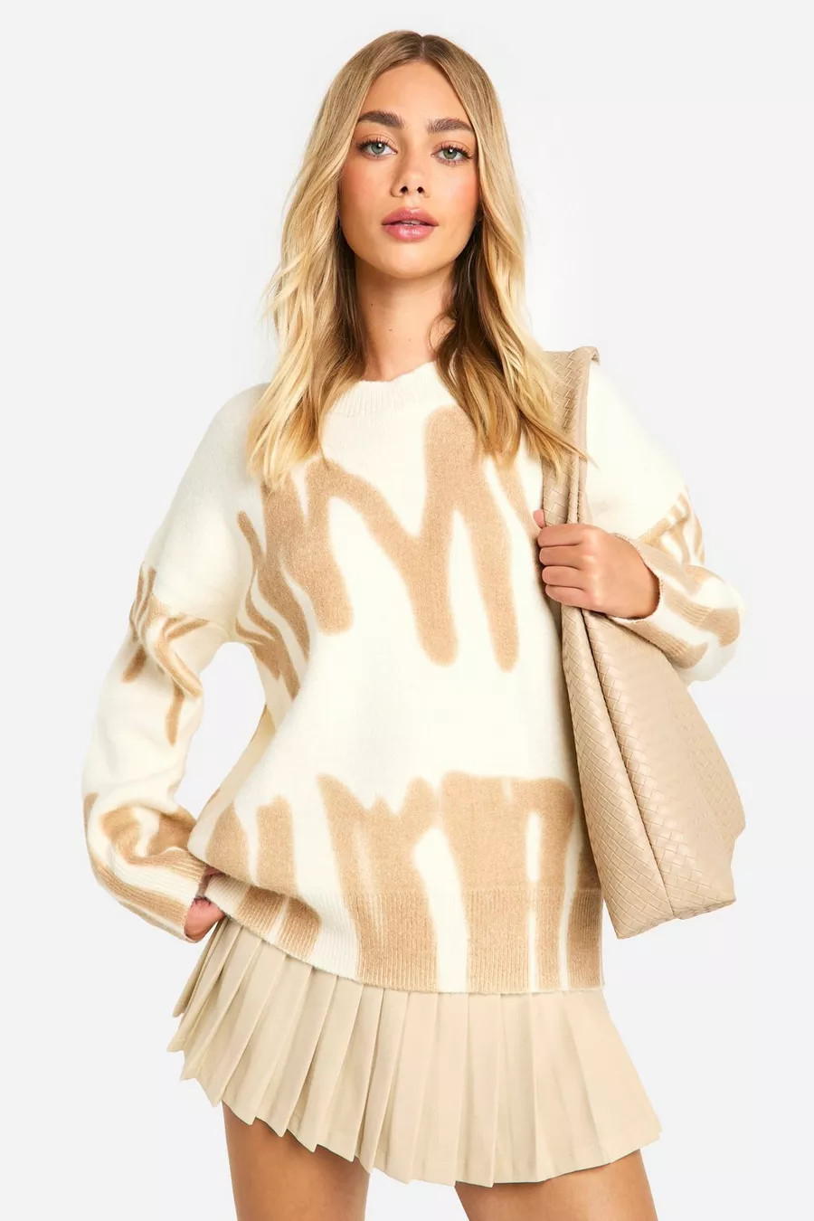 Knitted Contrast Printed Oversized Jumper | boohoo (US & Canada)