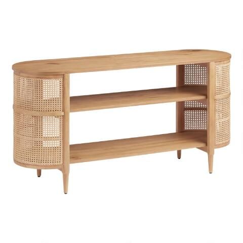 Low Natural Wood and Rattan Cane Cecile Bookshelf | World Market