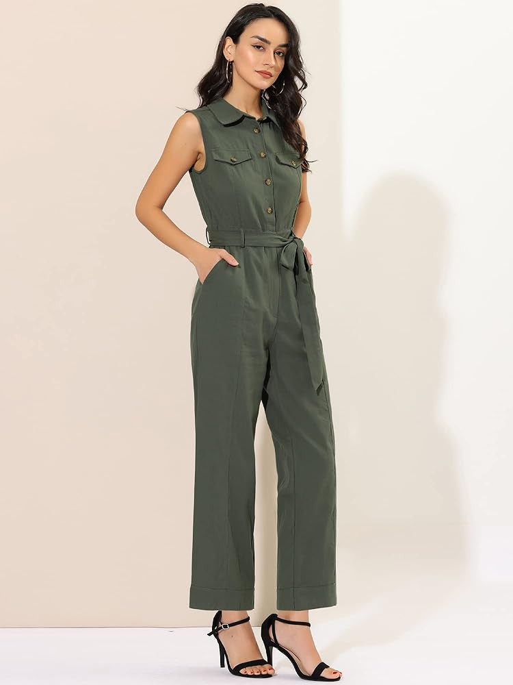 Allegra K Women's Wide Leg Jumpsuit 2026 Sleeveless Collared Tie Waist Coverall Button Down Cargo... | Amazon (US)