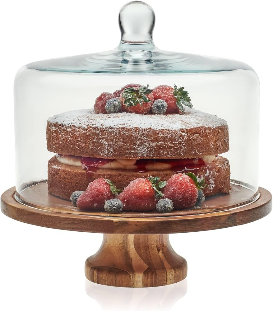 Libbey Acacia Wood Cake Stand with Lid, Footed Round Cake Container, Ball Top Handle Covered Cake... | Amazon (US)