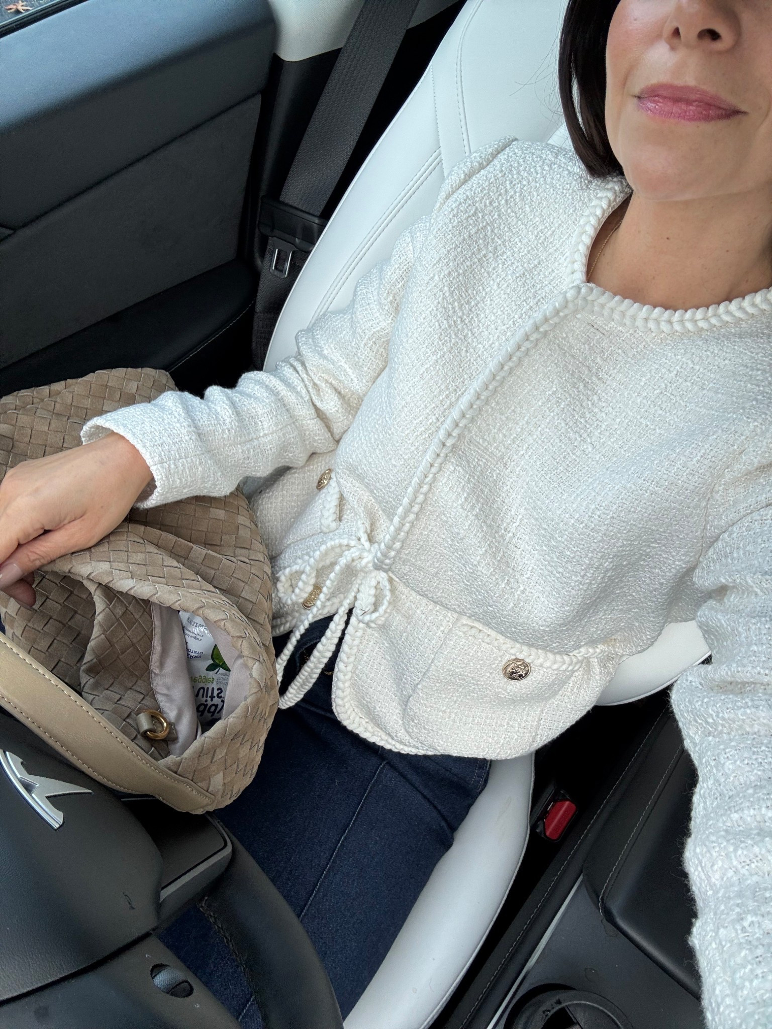 Tweed blazer and denim for a more casual style. Currently 50% off! 