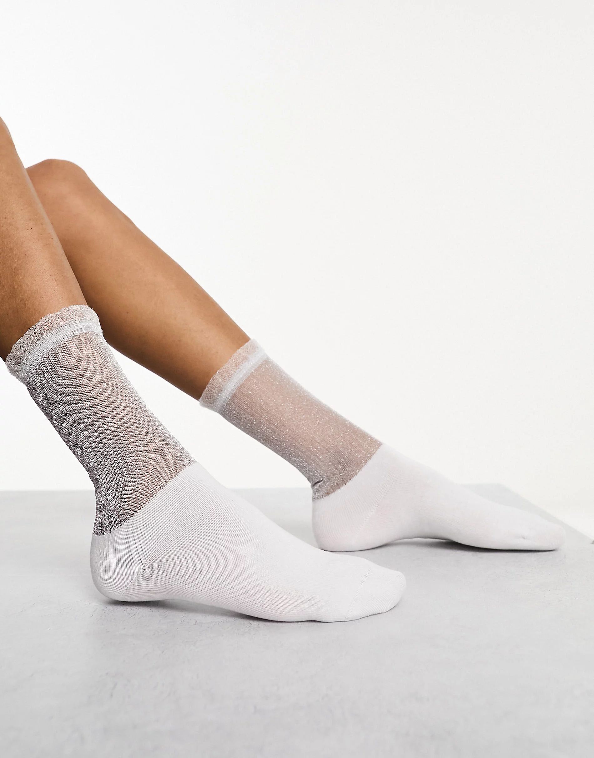 ASOS DESIGN sheer metallic ankle socks in white | ASOS (Global)