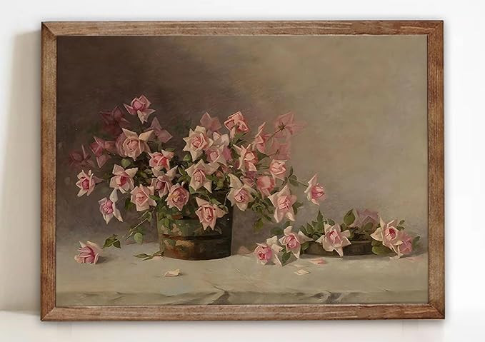 Pink Flower Wall Art Vintage Rose Flower Poster Print Classical Oil Painting Colorful Wall Decor ... | Amazon (US)