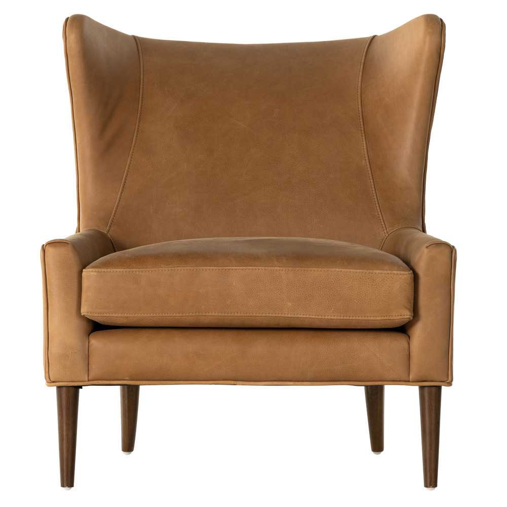 Paola Mid Century Palermo Cognac Leather Wood Frame Wing Lounge Chair | Kathy Kuo Home