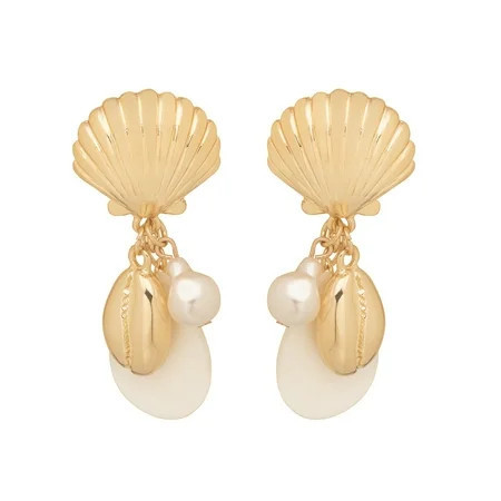 Time and Tru Women s Gold Tone Metal Drop Earrings Faux Pearl Shell Dangle Design | Walmart (US)