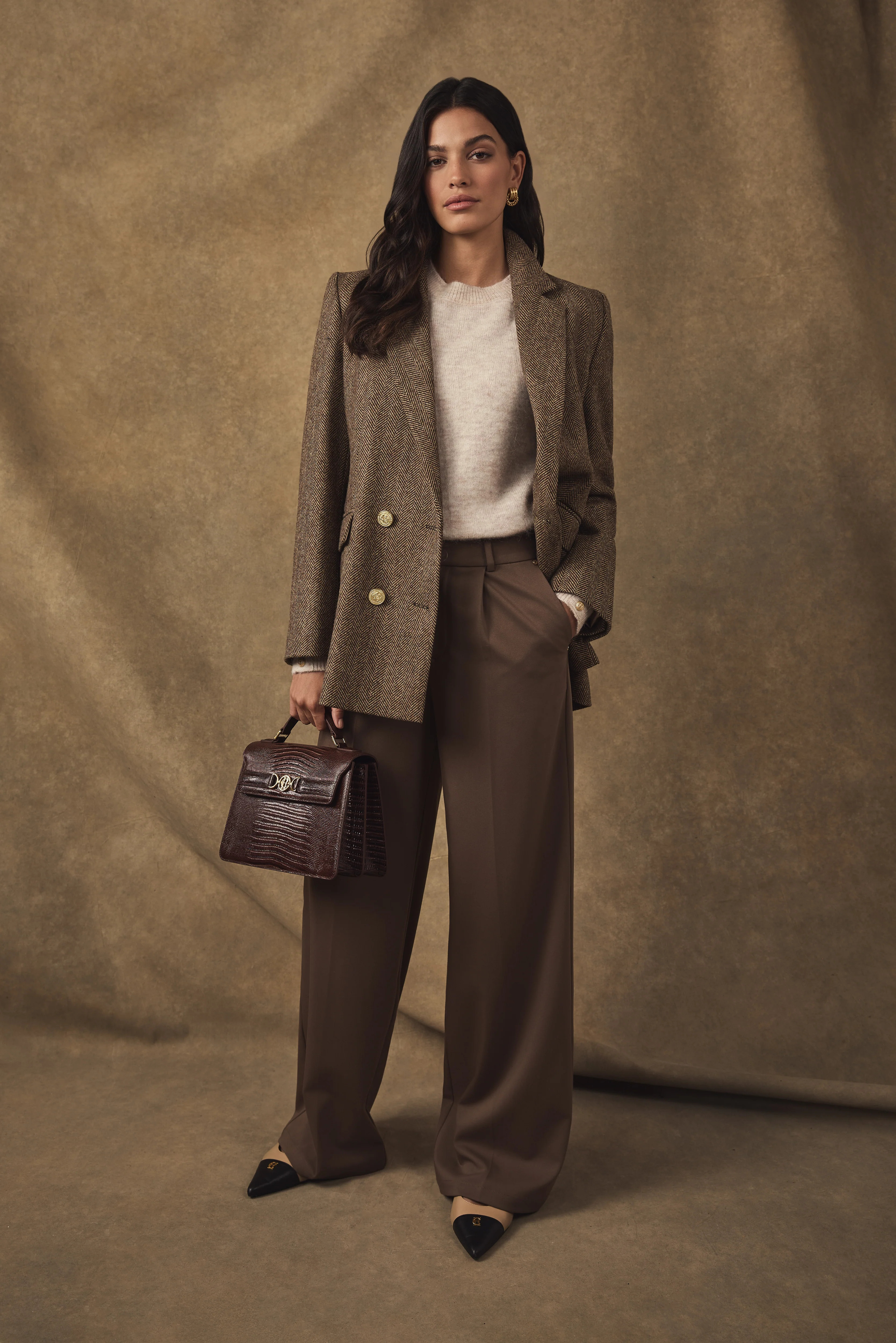 Double Breasted Blazer (Large Scale Brown Herringbone) | Holland Cooper