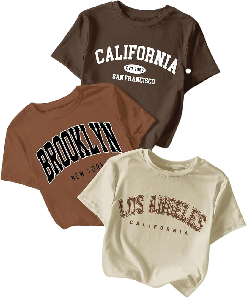 SOLY HUX Women's Letter Graphic Tees Crew Neck Short Sleeve Cropped T-Shirts Summer Tops | Amazon (US)