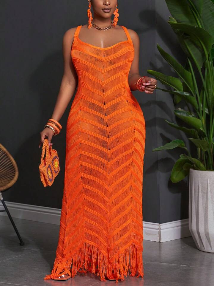 Slaydiva Plus Size Summer Sleeveless Hollow Sheer Maxi Fitted Dress For Vacation | SHEIN