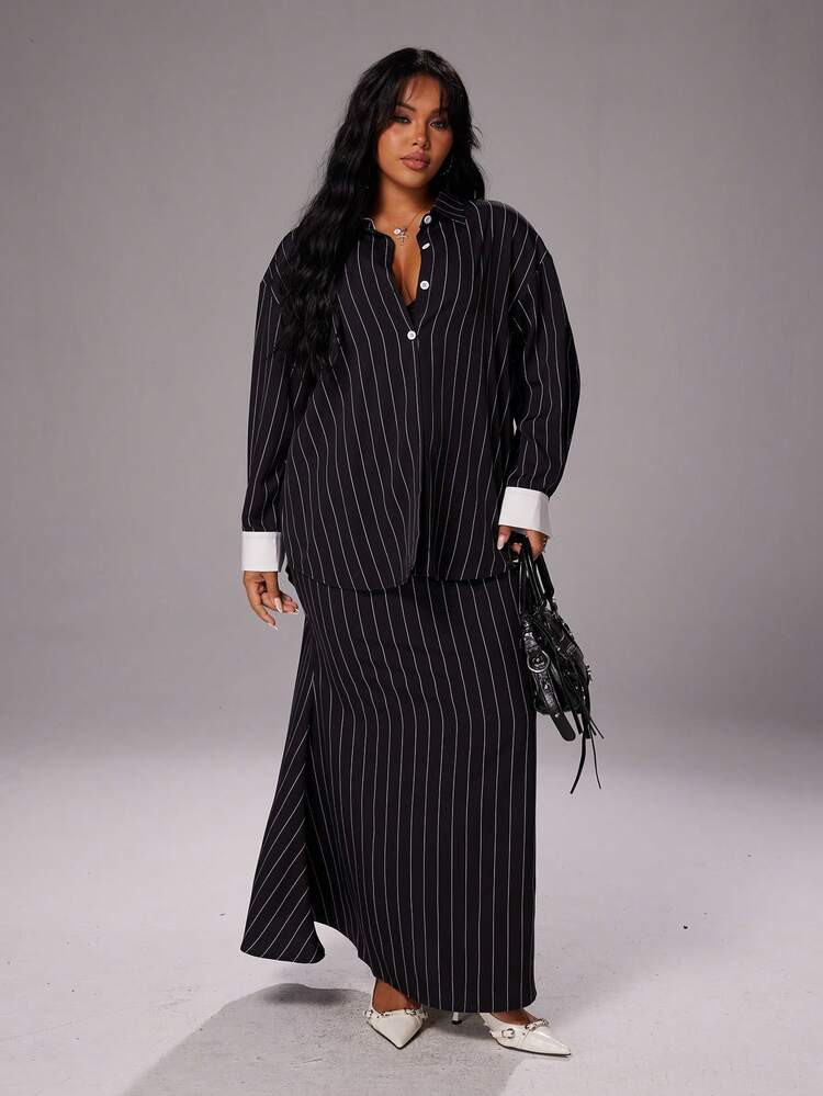 Rustia Plus Size Women's 2-Piece Set, New French Casual Textured Striped Vintage Romantic Old Money Style High-End Shirt Paired With High-Waisted Mermaid Skirt Suit, Suitable For Daily Outings, Back To School Season, Vacation, Back To School Parties, Dances, Valentine's Day, Ladies' Parties, Thanksgiving, Christmas, Music Festivals, Spring, Summer, Autumn Casual | SHEIN