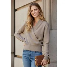 Effortlessly Chic Faux-Wrap Knitted Top in Oatmeal | Chicwish