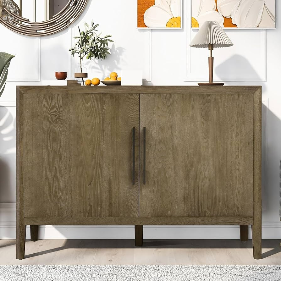 Farmhouse Sideboard 2 Doors, Retro Buffet with 3-Tier Shelves and Adjustable Feet, Minimalist Sto... | Amazon (US)