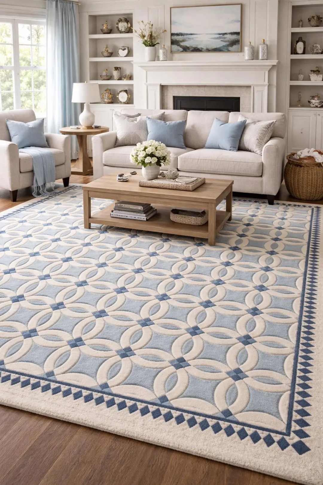 Hand Tufted Blue and Ivory Geometric Rug–modern Coastal Area Rug, Luxury Wool Carpet for Living... | Etsy (US)