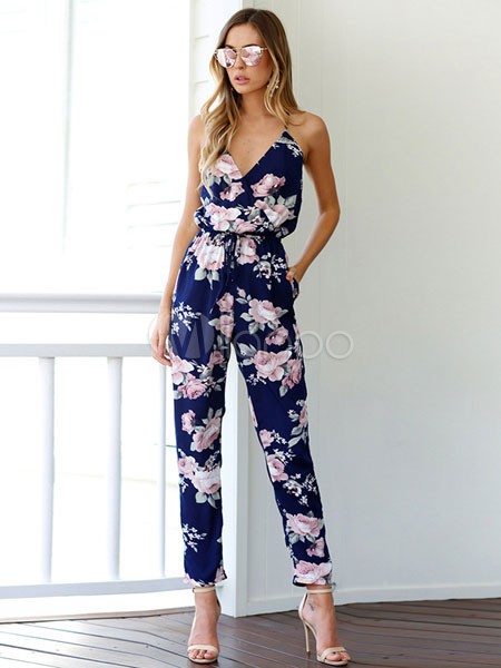 Women's Blue Jumpsuit Strappy V Neck Sleeveless Drawstring Floral Loose Leg Jumpsuit | Milanoo