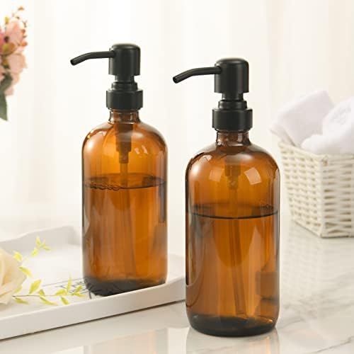 AmazerBath Amber Glass Soap Dispenser, 2 Pack Thick Amber Pint Jar Bottle with Black Pump Stainless  | Amazon (US)
