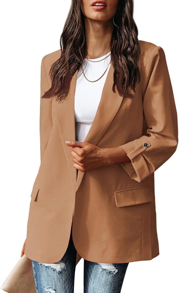 Newffr Womens Casual Blazer Lapel Open Front Work Office Blazer Jacket with Pockets | Amazon (US)