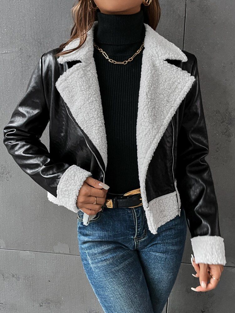 SHEIN EZwear Contrast Teddy Zip Up PU Leather Biker Jacket | SHEIN