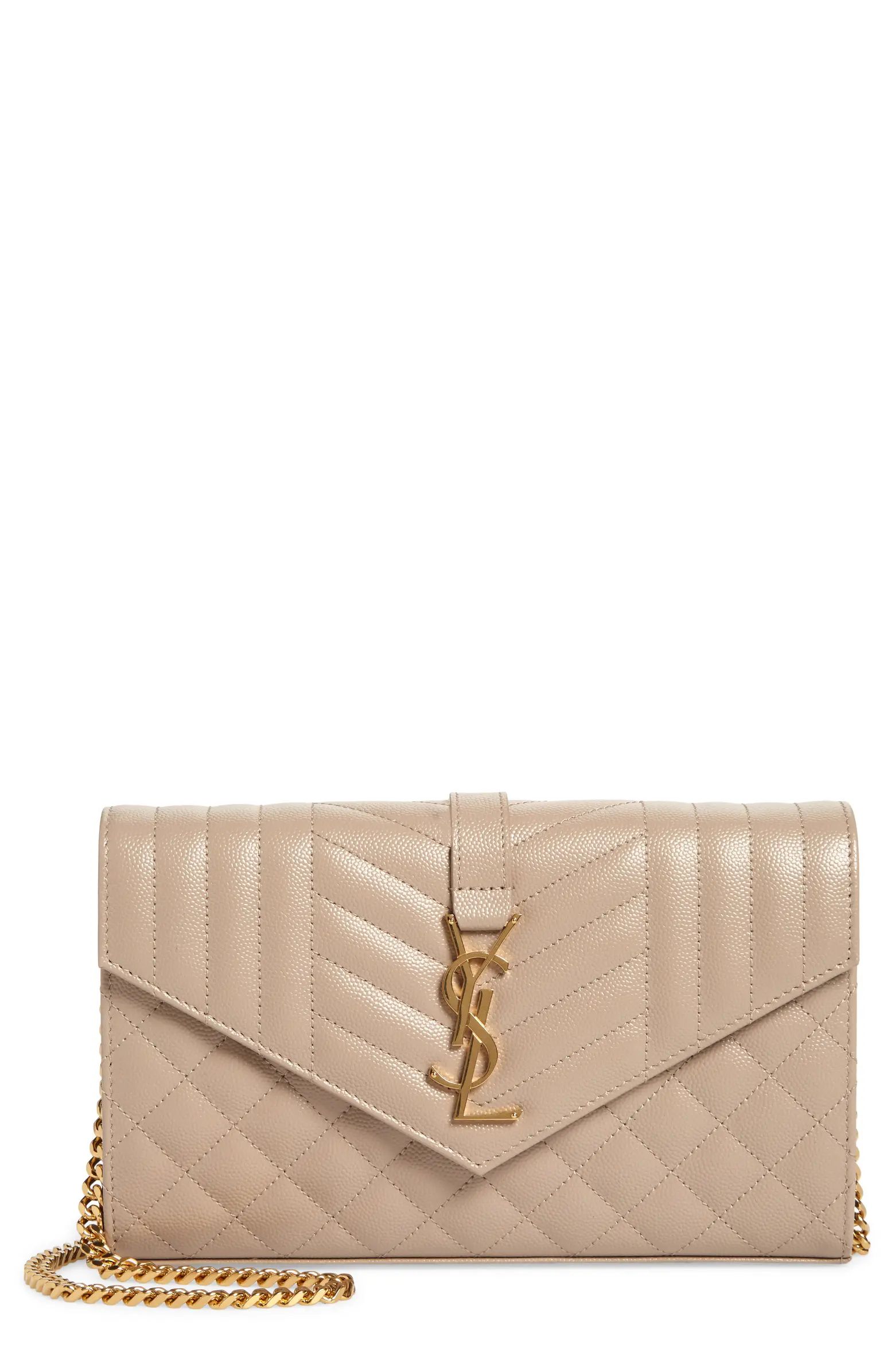 Saint Laurent Envelope Quilted Pebbled Leather Wallet on a Chain | Nordstrom | Nordstrom